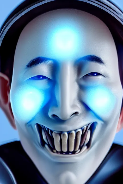 Prompt: hyperrealistic close-up translucent gothic exoskeleton!! smiling chinese man covered highly detailed concept art eric zener elson peter cinematic side soft blue light high angle hd 8k sharp shallow depth of field