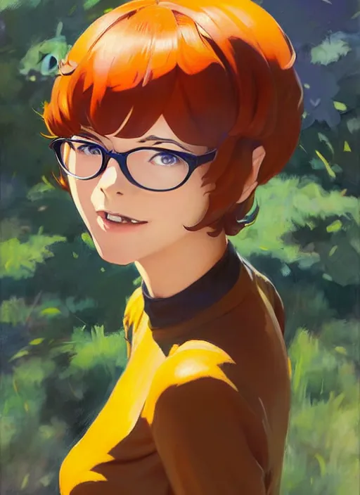 Image similar to Greg Manchess painting of Velma Dinkley in the style of Persona 5, anime style, winged eyelashes, countryside, calm, fantasy character portrait, dark outlines, dynamic pose, above view, sunny day, artwork by Makoto Shinkai, very coherent asymmetrical artwork, sharp edges, perfect face, simple form, 100mm