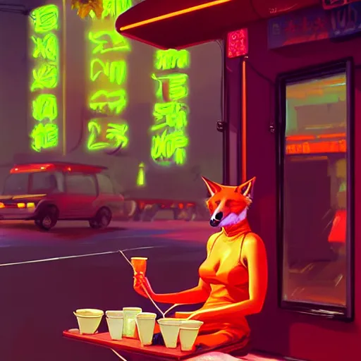 Image similar to splash art of anthropomorphic female vulpes vulpes fulva woman sitting at a noodle stand eating noodles in the crowded street of a cyberpunk city, rain, harsh neon lighting, realistic ultra detailed, by greg rutkowski, wlop, ilya kuvshinov, artgerm