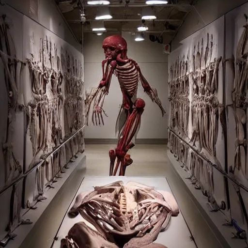 Prompt: inside a museum, a room where anatomical body parts are piece of arts by Rob Bottin, very detailed, ultra realistic photography