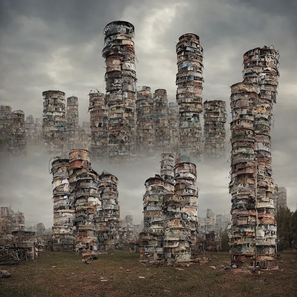 Image similar to circular towers, made up of makeshift squatter housing with faded colours, apocalyptic sky, misty, dystopia, mamiya rb 6 7, fully frontal view, ultra sharp, very detailed, photographed by julie blackmon