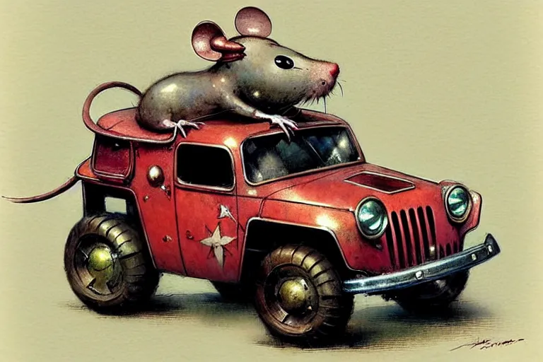 Image similar to adventurer ( ( ( ( ( 1 9 5 0 s retro future robot mouse jeep robot. muted colors. ) ) ) ) ) by jean baptiste monge!!!!!!!!!!!!!!!!!!!!!!!!! chrome red