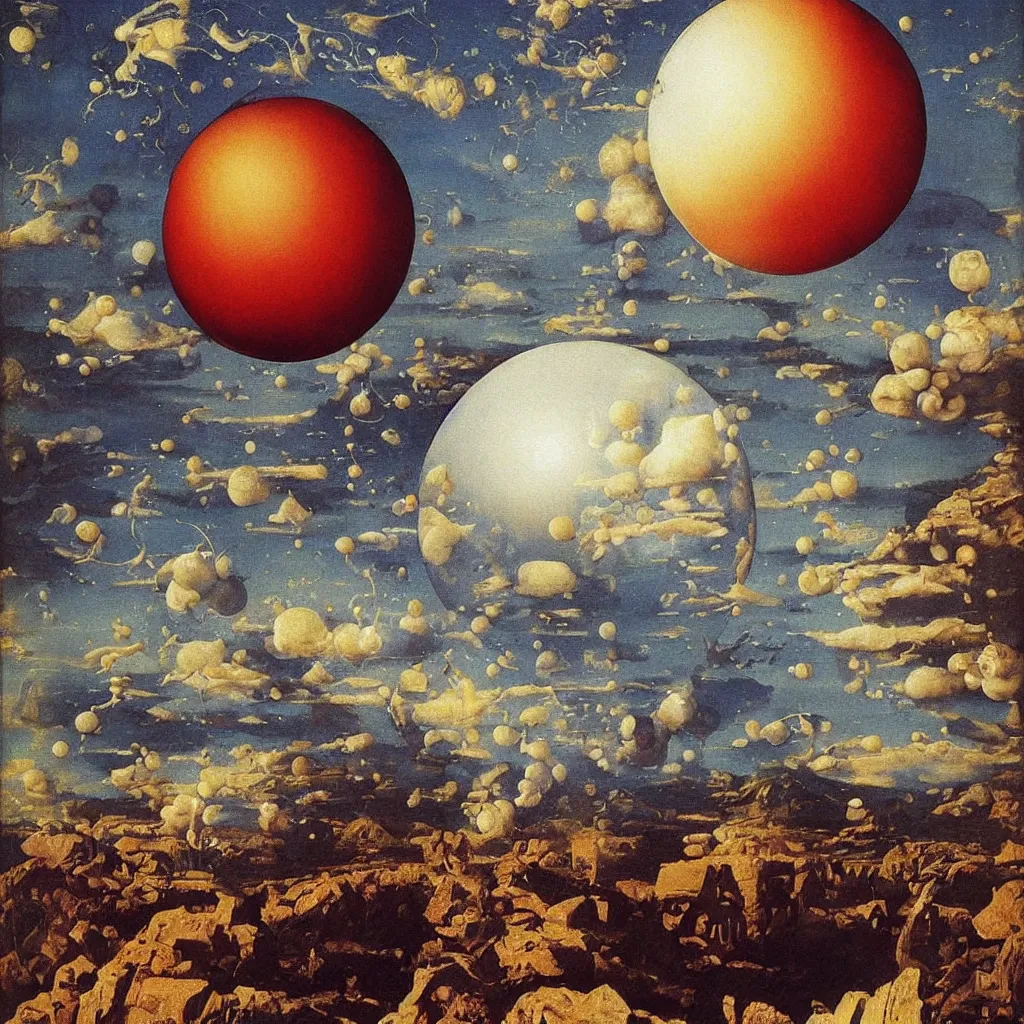 Image similar to a single colorful! ( lovecraftian ) sphere white! clear empty sky, a high contrast!! ultradetailed photorealistic painting by jan van eyck, audubon, rene magritte, agnes pelton, max ernst, walton ford, andreas achenbach, ernst haeckel, hard lighting, masterpiece