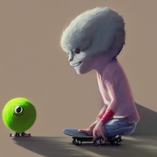 Image similar to highly detailed vfx portrait of a character of a skateboarding tennis ball monster, skateboard stephen bliss, chalk, unrealengine, greg rutkowski, loish, rhads, beeple, chalk, makoto shinkai and lois van baarle, ilya kuvshinov, rossdraws, tom bagshaw, basil gogos