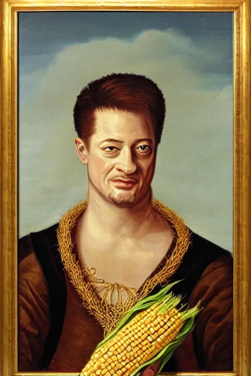 Image similar to a 1 6 0 0 s framed portrait painting of brendan fraser holding corn, intricate, elegant, highly detailed