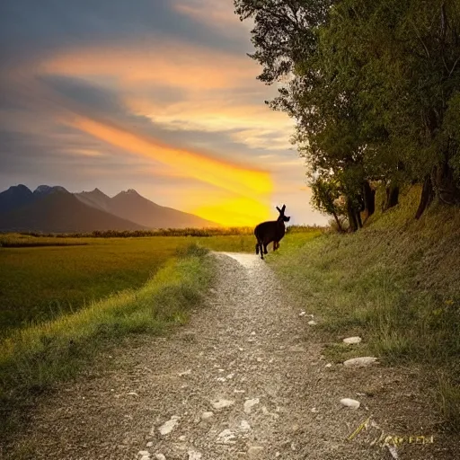 Image similar to an amazing portrait of a donkey on a slim rocky path, rocky mountains in the background, sunset sky photography, award winning cinematic lighting, highly detailed