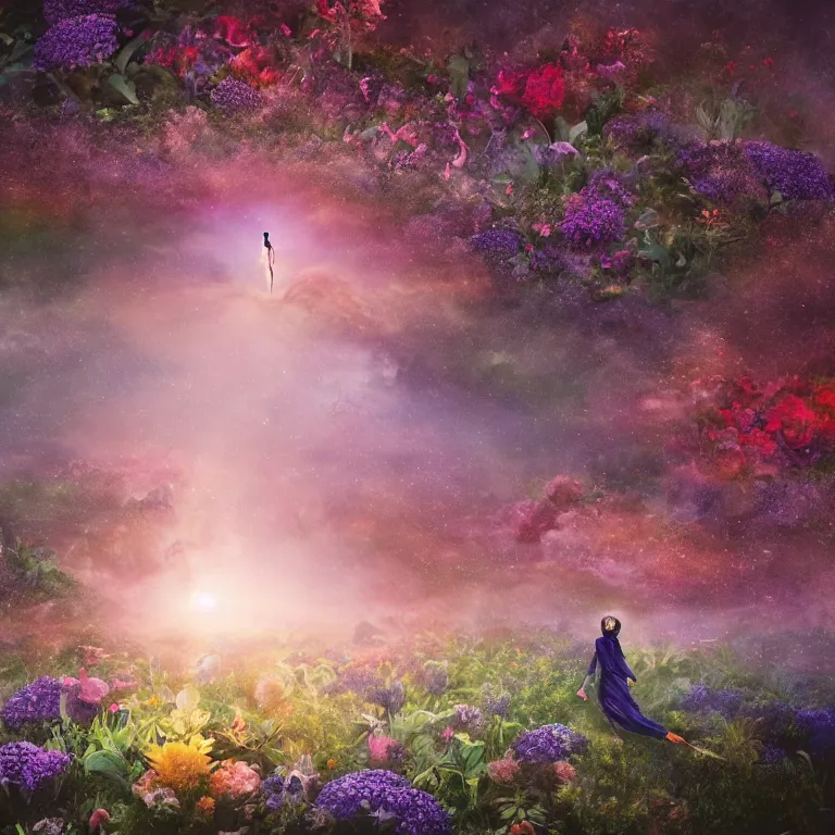 Image similar to a planet of various flowers, fungus and plants, in which the singular human figure is dressed in something magical and impressive, inside the picture is infinity, sunset light, Atmospheric phenomenon, artistic photography, muted colors, conceptual, long exposure outside the city, volumetric light