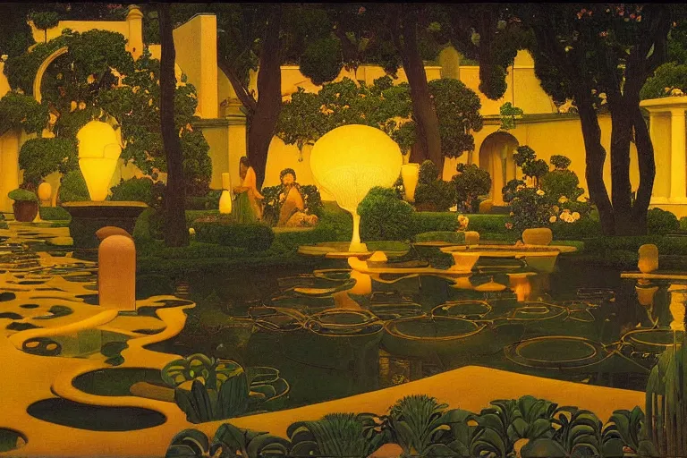 Image similar to beautiful garden at twilight by Maxfield Parrish and Nicholas Roerich and jean delville, glowing paper lanterns, strong dramatic cinematic lighting , ornate tiled architecture, lost civilizations, smooth, sharp focus, extremely detailed