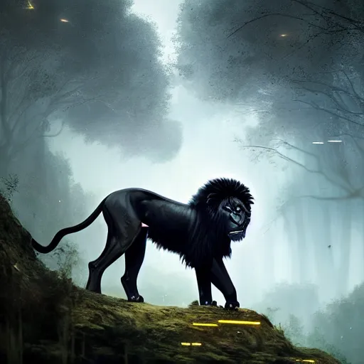 Prompt: beautiful black lion with gold lightnings on the body inside an huge ancient forest, low angle, epic cinematic shot, sharp focus, hyperdetailed, artstation, cgsociety, 8k, illustration, by raphael lacoste and magali villeneuve