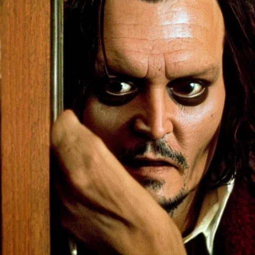 Image similar to Johnny Depp as Jack Torrance in Shining looking through the hole in the broken door