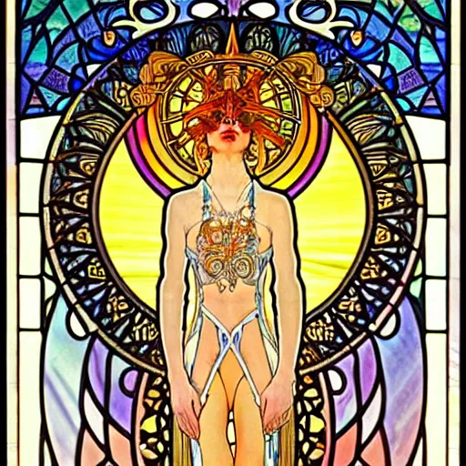 Prompt: burning man, goddess of sun protection, sun hat, sunglasses, goggles, sunscreen, fabric, long sleeves, intricate, stained glass by alphonse mucha