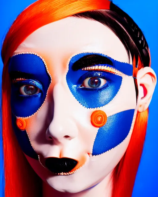 Prompt: symmetrical close - up portrait of a woman wearing a orange silicone beauty mask and blue hair braids, wearing a black bodysuit by alexander mcqueen, blue background, soft diffused light, biotechnology, humanoide robot, bjork aesthetic, translucent, by rineke dijkstra, intricate details, highly detailed, masterpiece,