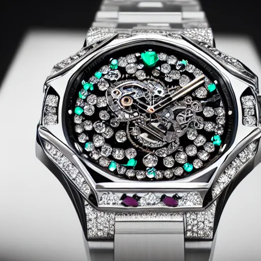 Prompt: vvs diamond alexandrite sapphire watch, intricate design, rolex, cogs and gears, steampunk watch, bejeweled beautiful watch, richard mille, promotional photo, 8 k photography