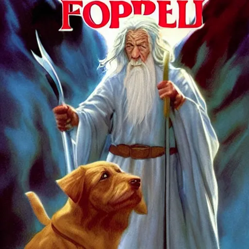 Image similar to comic book cover for'gandalf vs a puppy ', art by alex ross