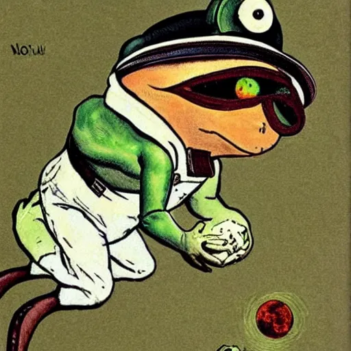 Image similar to pepe the frog landing on the moon by norman rockwell