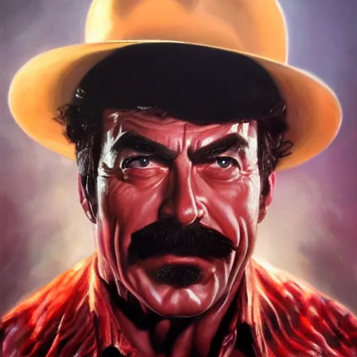 Prompt: ultra realistic portrait painting of tom selleck as freddy krueger, art by frank frazetta, 4 k, ultra realistic, highly detailed, epic lighting