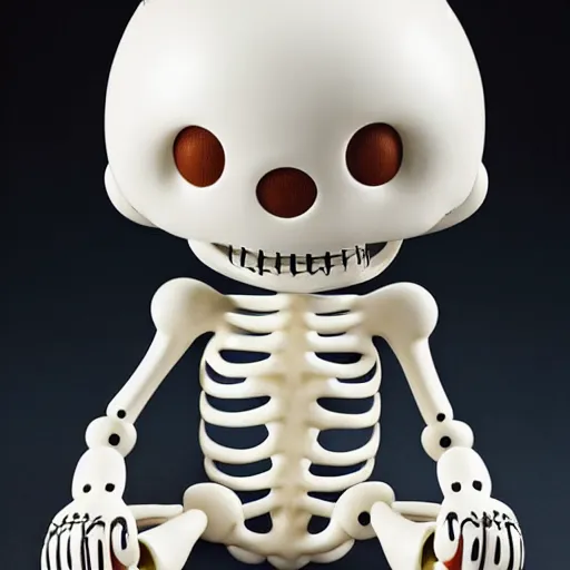 Prompt: a smiling off-white colored cheburashka skeleton shiny porcelain figurine sitting in front of a neutral background, 4k, high definition, detailed product shot, kaws, Jeff koons”