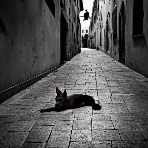 Image similar to dingo coyote mix dog lying on the street in ancient florence, high quality digital art, cinematic lighting, moody lighting