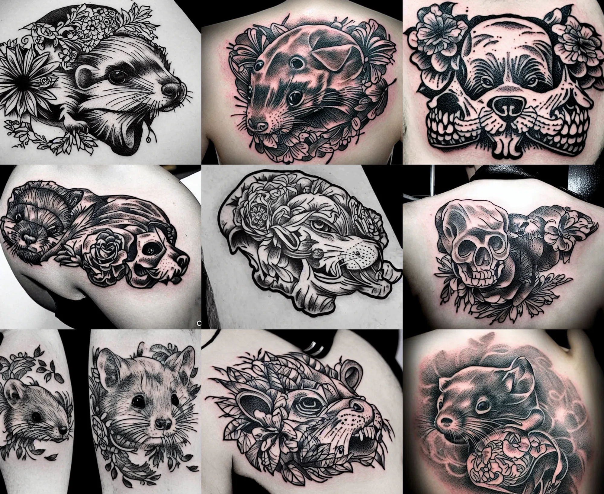 Image similar to detailed amazing tattoo stencil of a floral ferret crawling on a human skull