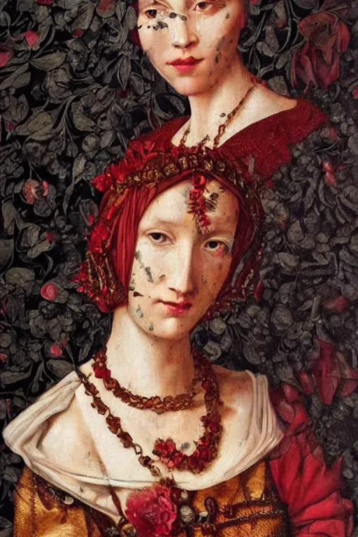 Prompt: hyperrealism close - up mythological portrait of an exquisite medieval woman's shattered face partially made of maroon flowers in style of classicism, wearing white silk dress, red palette