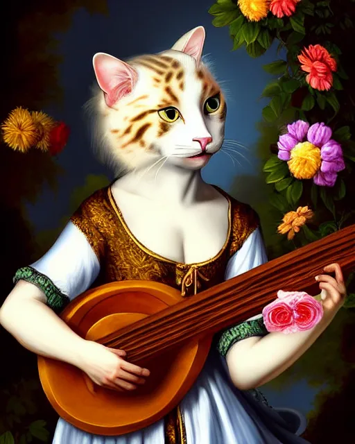 Prompt: baroque portrait of a anthropomorphic cat playing a lute, garden with flowers, digital art, dnd character, award winning