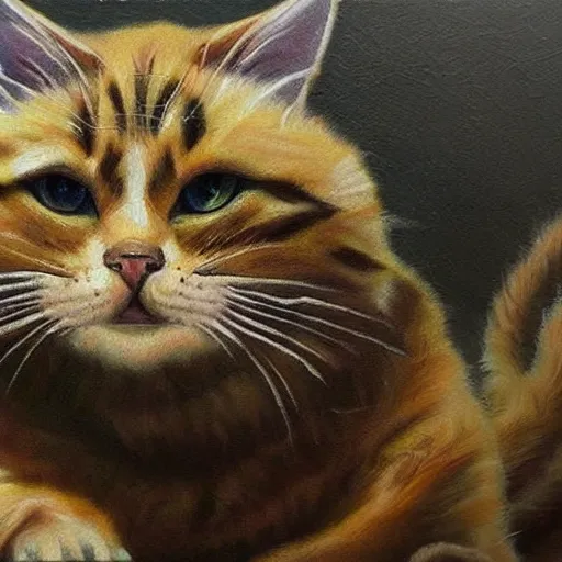 Prompt: ultra realistic oil painting of a giant cat destroying Tokyo