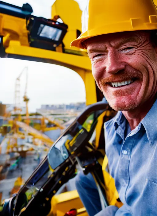 Prompt: closeup portrait of cheerful bryan cranston controlling a crane, sitting in a crane, yellow hardhat, sitting in a crane, natural light, bloom, detailed face, magazine, press, photo, steve mccurry, david lazar, canon, nikon, focus