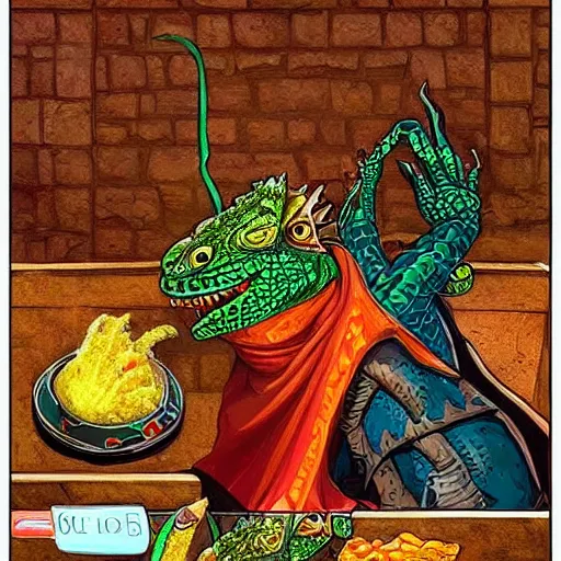 Image similar to “a lizard Mage Priest goes to the supermarket but they are out of French Fries, Slaan, Warhammer Fantasy, trending on ArtStstion”