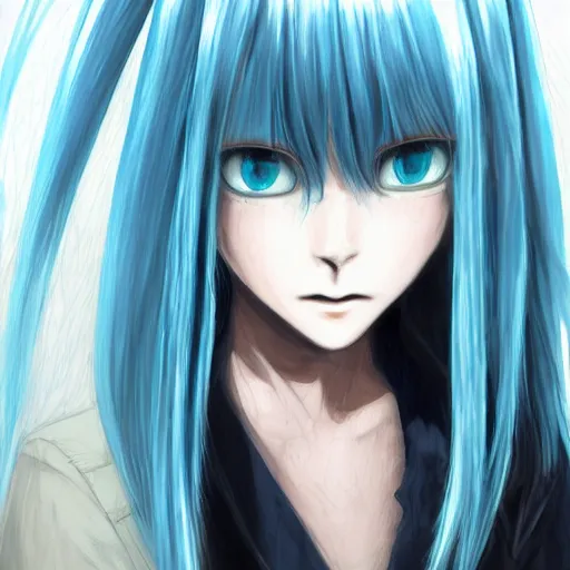 Prompt: profile shot of rimuru tempest, sky blue straight hair, long bangs, gold eyes, smug, wearing a black jacket with white stripes, high collar, ultra detailed, brush strokes, digital painting, cinematic, artstation wlop, closeup, pixiv, high contrast, eerie, scary, yoshitaka amano, andy warhol, junji ito
