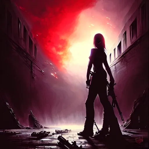 Image similar to only the dead have seen the end of war, artwork by artgerm, danger lurking in the night, fear of death, rendered in pov - ray, style of greg rutkowski and jackson pollock