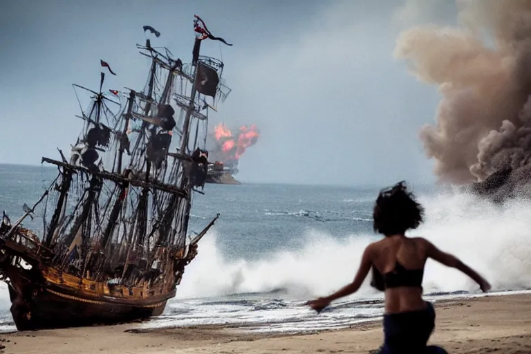 Image similar to closeup pirate couples running down beach as pirate ship fires canons, sand explosion by emmanuel lubezki