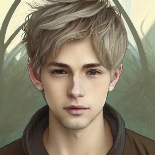 Image similar to young man with short, ash blond greyish hair, light brown eyes, casual clothes, relaxing, happy, path traced, highly detailed, high quality, digital painting, by studio ghibli and alphonse mucha, leesha hannigan, beautiful details, soft and warm