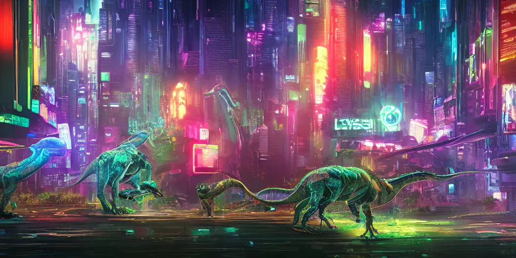 Image similar to a beautiful painting of a lush cyberpunk city with a single dinosaur grazing in the foreground by ridley scott, vivid colours, cinematic lighting, fine details, 8 k | | digital artwork made by greg rutswork, anna dittmann and lois van barlee, symmetrical neon rim light, anatomically correct