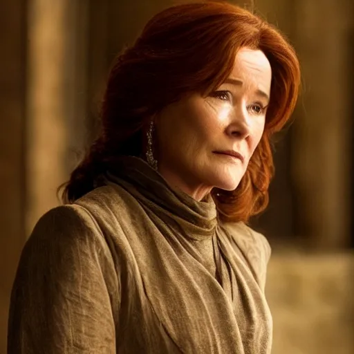 Image similar to mary mcdonnell as catlyn stark from game of thrones golden hour cinematic