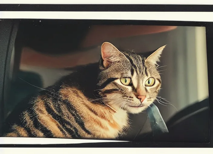 Prompt: A very high resolution image from a new movie, a cat driging around, inside of a car , mountains, Polaroid, directed by wes anderson