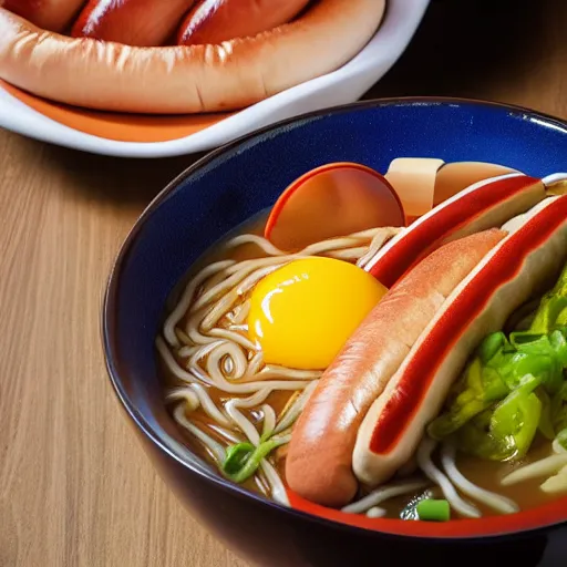 Prompt: ramen bowl with hot dogs inside, commercial photograph