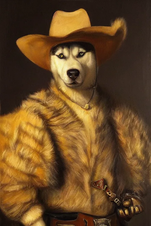 Prompt: a portrait painting of a husky in cowboy costume, wearing a cowboy hat, [ western film ], by rembrandt, humanoid, personify, anthropomorphic, trending on artstation