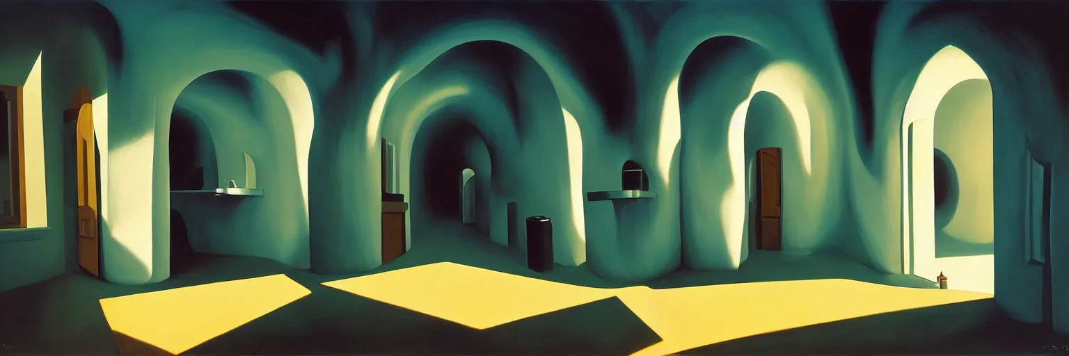 Prompt: volumetric shadows, volumetric lighting, black goya painting, curved perspective, naive, extra narrow, by rhads, an underground kitchen with large floor, antoni gaudi