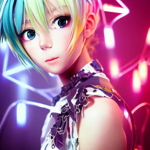 Image similar to High definition professional photograph of vocaloid, beautifully detailed and lights. Highly detailed and pretty face and eyes