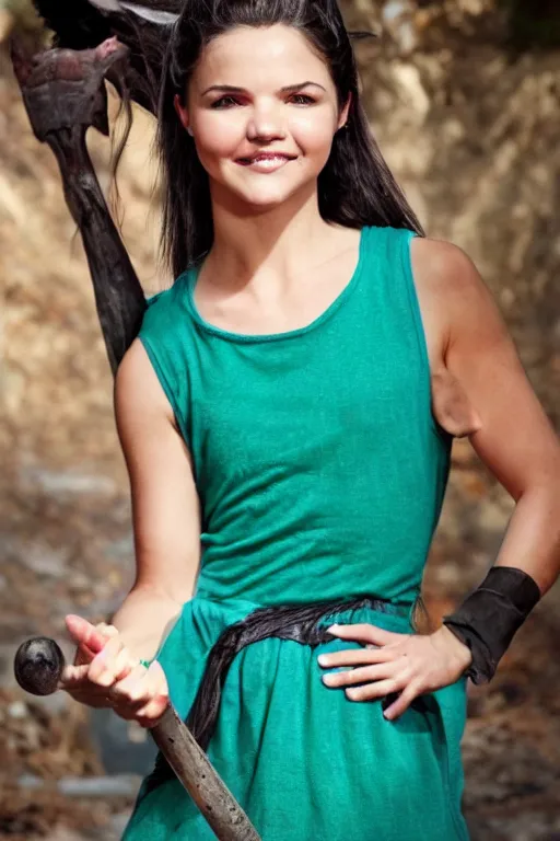 Image similar to fantasy character photo. facial expression of manic obsessive love. danielle campbell. black hair in ponytail. bright blue eyes. tall, lanky, athletic, wiry. sleeveless light green dress. gleefully telling a bs story full of lies