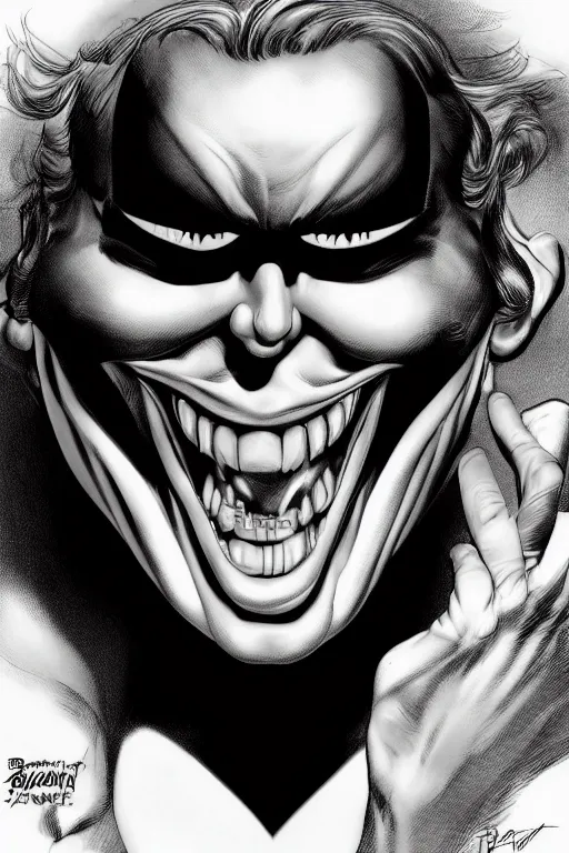 Prompt: digital portrait of a sinister laughing man by brian bolland, rachel birkett, alex ross, and neal adams | centered, deviantart, artgerm