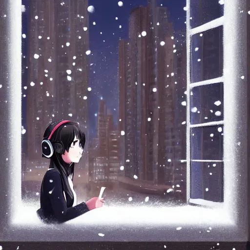 Image similar to Anime painting of a black haired girl wearing headphones looking out of the window into the snowy cold city while studying in her warm cozy home, by makoto shinkai, relaxed, calm, trending on artstation, kimi no na wa