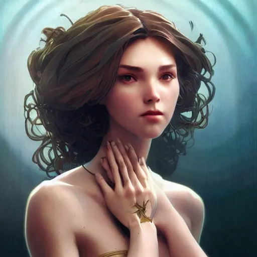Image similar to female robot, incredibly detailed face, pretty face, true anatomy, art by artgerm and greg rutkowski and alphonse mucha