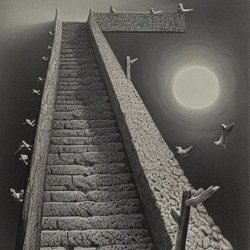 Prompt: the bird ladder by Zdzisław Beksiński
