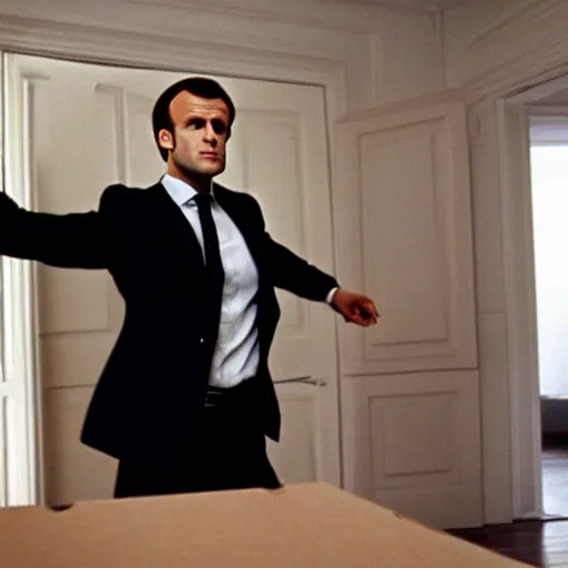 Image similar to Emmanuel Macron moving Ikea furniture in his empty room, in American Psycho (1999)