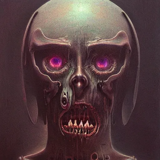 Image similar to horrific human cyborg, beksinski style painting, dark, scary, highly detailed