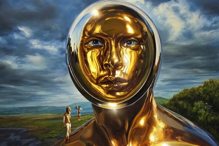 Image similar to homo sapiens, fantasy, painting, chrome, reflect, ultra realistic!!!, clear weather, golden hour, sharp focus