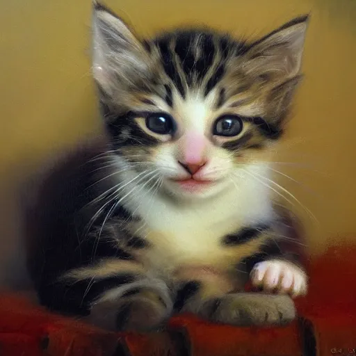 Image similar to an oil painting of a kitten, by craig mullins