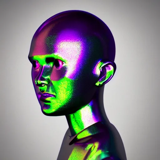 Image similar to 3d render of holographic human robotic head made of glossy iridescent, surrealistic 3d illustration of a human face non-binary, non binary model, 3d model human, cryengine, made of holographic texture, holographic material, holographic rainbow, concept of cyborg and artificial intelligence