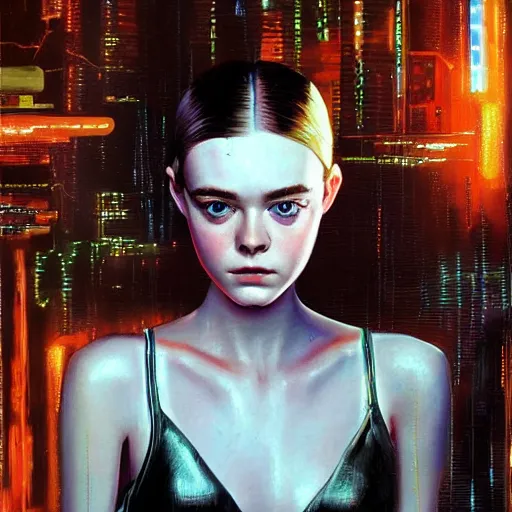 Prompt: a striking hyper real oil painting of Elle Fanning with cybernetics in the style of Blade Runner